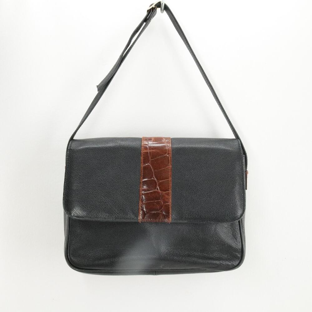 Vtg Courtenay Handbag Women Black Brown Pebble Croc Leather Purse Shoulder Bag